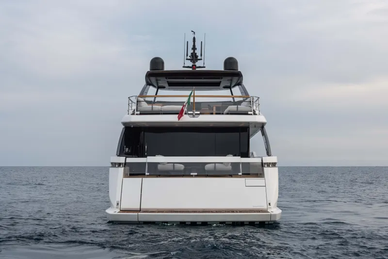 Slide: The Image of Sanlorenzo 86A 2026 yacht on open sea, rear view. - 7