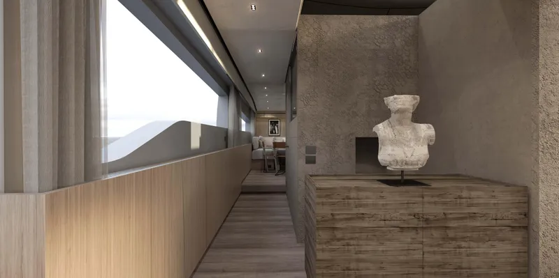 Slide: The Image of Luxurious interior of 2026 Sanlorenzo 86A yacht with modern decor and elegant sculpture. - 12