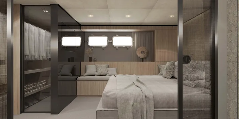 Slide: The Image of Luxurious Sanlorenzo 86A 2026 yacht bedroom with modern design and elegant decor. - 15