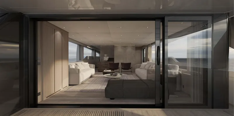 Slide: The Image of Luxurious interior of 2026 Sanlorenzo 86A yacht with modern furnishings and ocean view. - 8