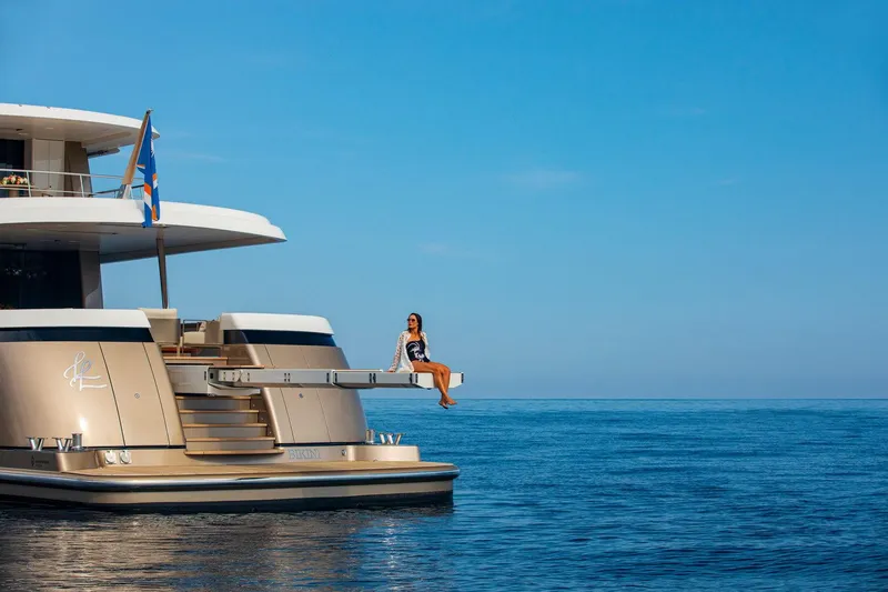 Slide: The Image of Luxury Van der Valk Custom 34M Explorer yacht on serene ocean, 2021 model. - 6