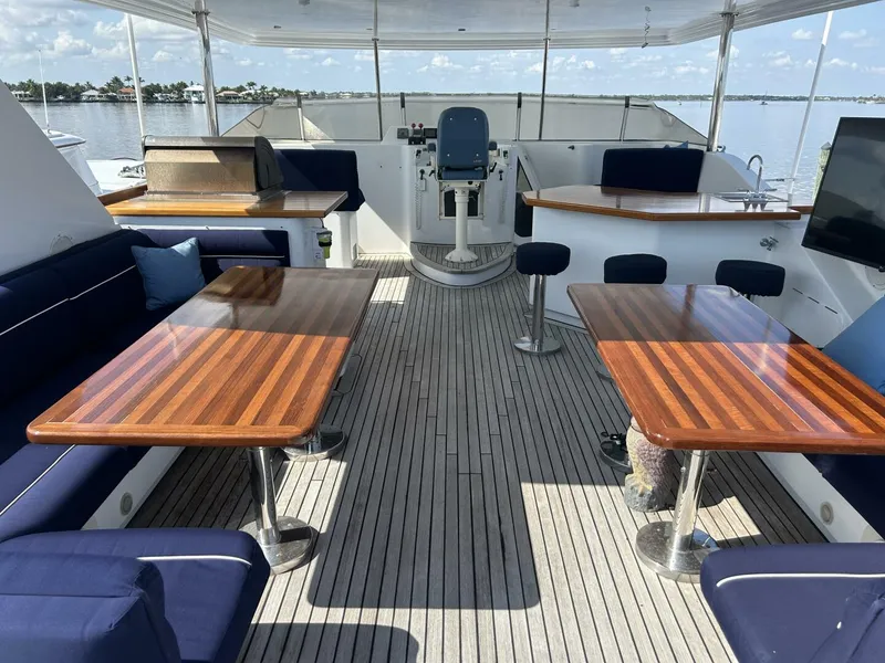 Slide: The Image of Spacious deck of 2001 Dovercraft Custom RPH yacht with wooden tables and blue seating. - 36