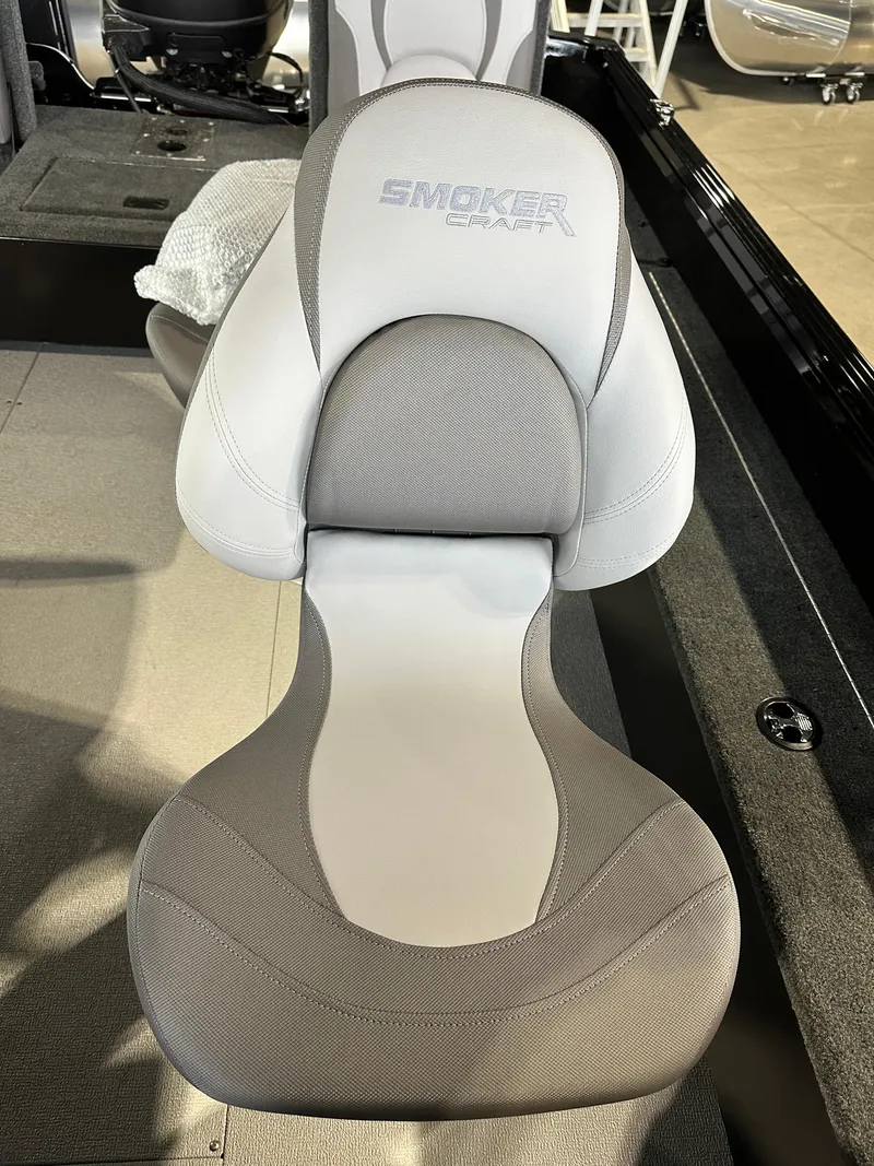 Slide: The Image of 2025 Smoker Craft Adventurer 188 DC boat seat, gray upholstery, ergonomic design. - 5