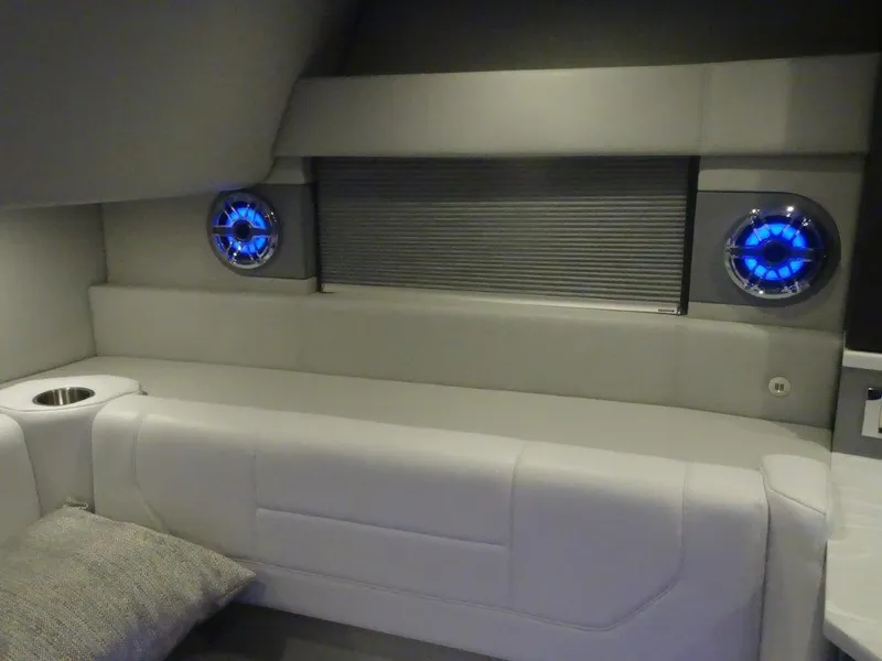 Slide: The Image of 2021 Formula 430 Super Sport Crossover interior with modern seating and blue LED accents. - 13