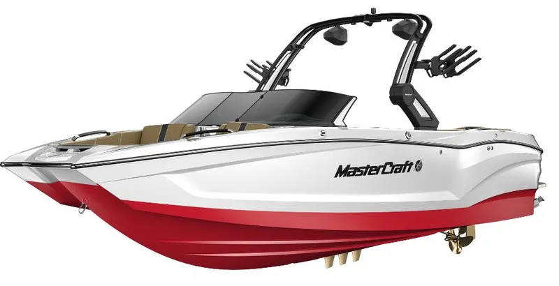 Slide: The Image of 2025 MasterCraft X24 boat with red hull and sleek design. - 12