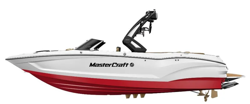 Slide: The Image of 2025 MasterCraft X24 boat with red and white design, side view. - 13