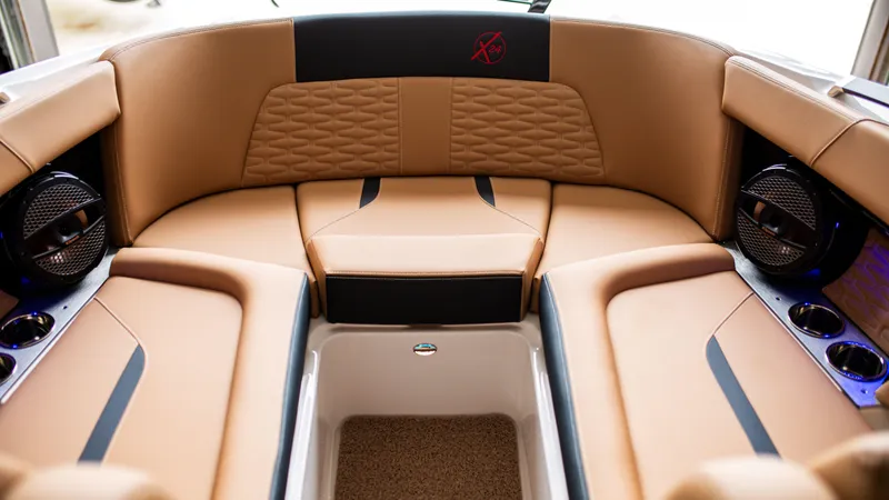 Slide: The Image of Luxurious interior of 2025 MasterCraft X24 boat with tan leather seating. - 3