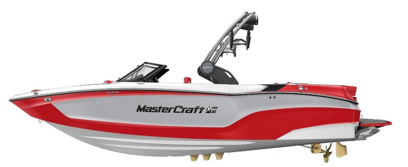Slide: The Image of 2025 MasterCraft XT22 boat, red and white design, side view. - 10