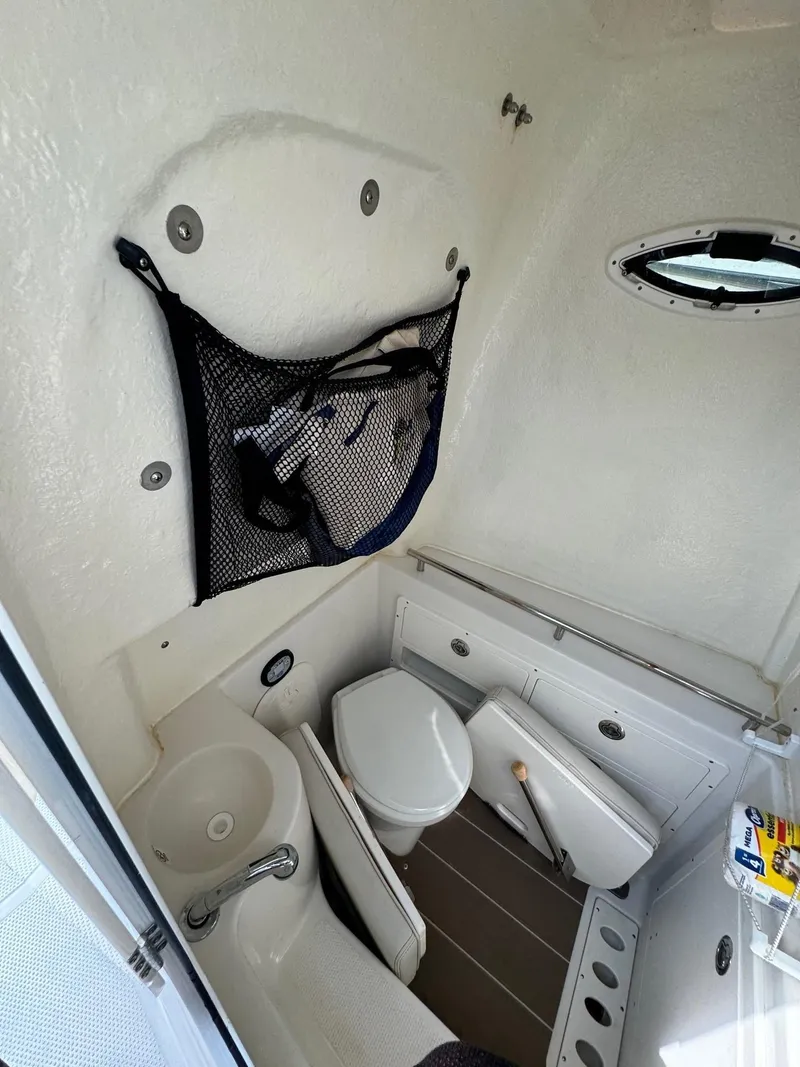 Slide: The Image of 2023 Sailfish 290cc boat interior with compact bathroom and storage. - 10