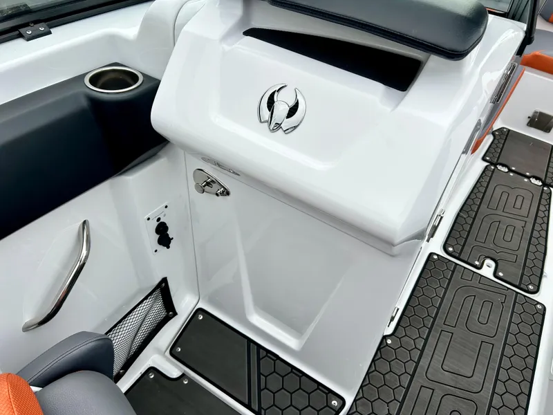 Slide: The Image of 2025 Scarab 255LX boat interior with sleek design and modern features. - 13