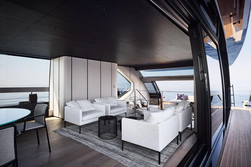 Slide: The Image of Luxurious interior of 2026 Sanlorenzo SP92 yacht with modern white seating and ocean view. - 43