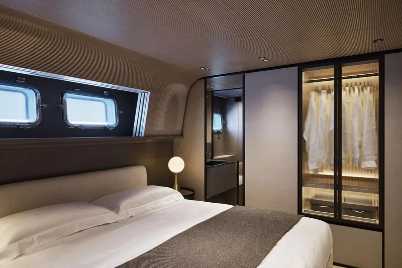 Slide: The Image of Luxurious bedroom interior of 2026 Sanlorenzo SP92 yacht with modern design and elegant furnishings. - 38