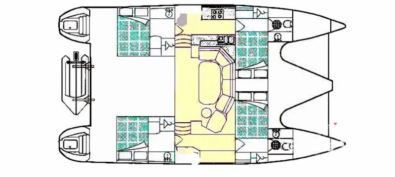 Slide: The Image of Floor plan of a 1993 Privilege Boolean catamaran, featuring cabins, kitchen, and living area. - 16