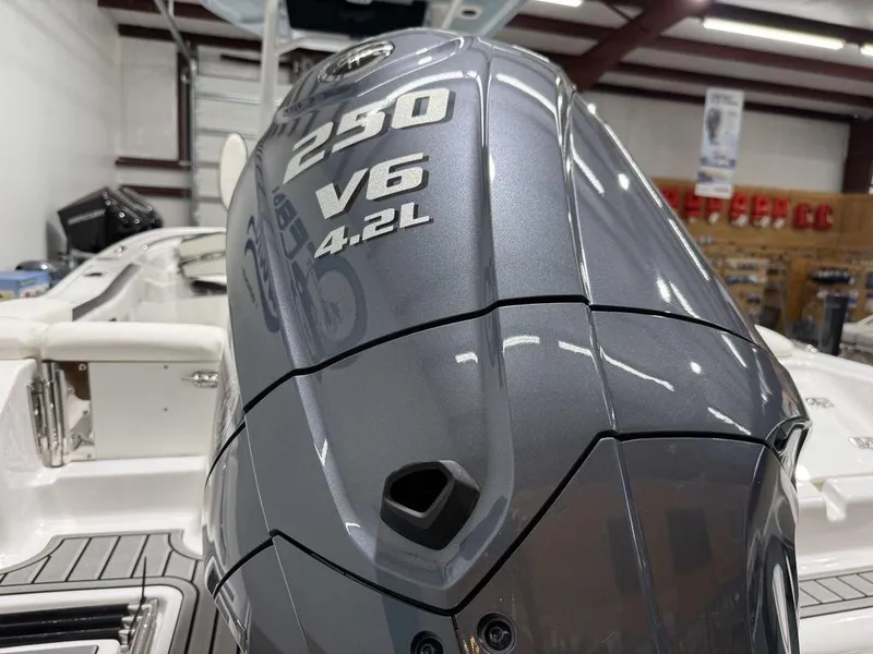 Slide: The Image of 2025 Tidewater 220 LXF boat with 250 V6 4.2L engine in showroom. - 39
