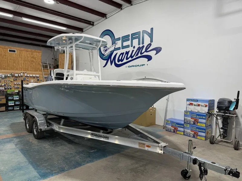 Slide: The Image of 2025 Tidewater 220 LXF boat on trailer in Ocean Marine showroom. - 44