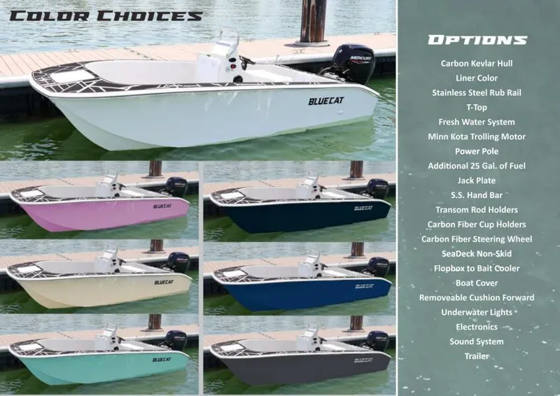 Slide: The Image of 2024 BlueCat 17 LF boat color options and features display. - 7