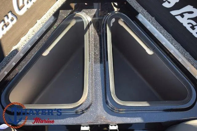 Slide: The Image of 2025 Bass Cat Puma STS storage compartments, Mayer's Marine logo visible. - 34