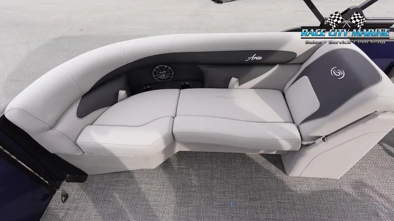 Slide: The Image of 2025 Barletta ARIA 22QC boat seating with gray upholstery and Race City Marine logo. - 13