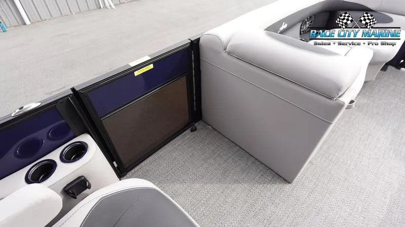 Slide: The Image of Interior of 2025 Barletta ARIA 22QC pontoon boat with gray seating and cup holders. - 20