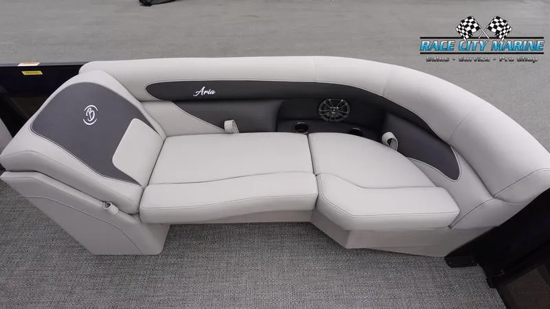 Slide: The Image of 2025 Barletta ARIA 22QC boat seating, gray upholstery, Race City Marine logo. - 33