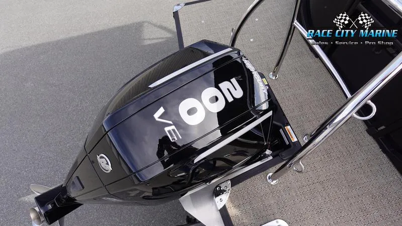 Slide: The Image of Barletta Cabrio 22QC 2025 with powerful V6 outboard motor, Race City Marine branding. - 12