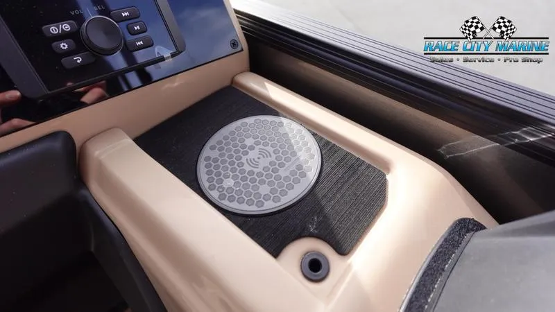 Slide: The Image of 2025 Barletta Cabrio 22QC boat dashboard with speaker and control panel. - 30