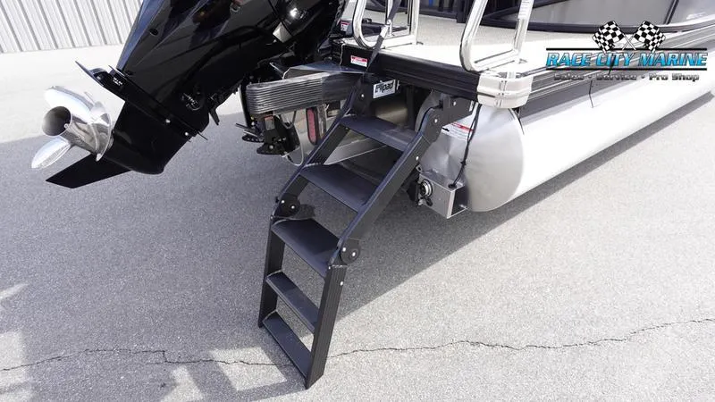 Slide: The Image of 2025 Barletta Cabrio 22QC pontoon boat with rear ladder and motor detail. - 9