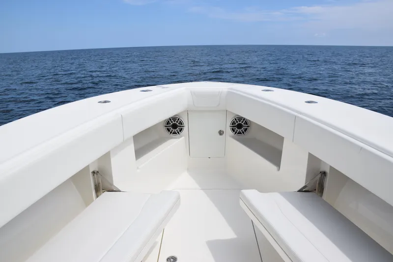 Slide: The Image of 2020 SeaVee 370z boat bow with ocean view and seating area. - 20