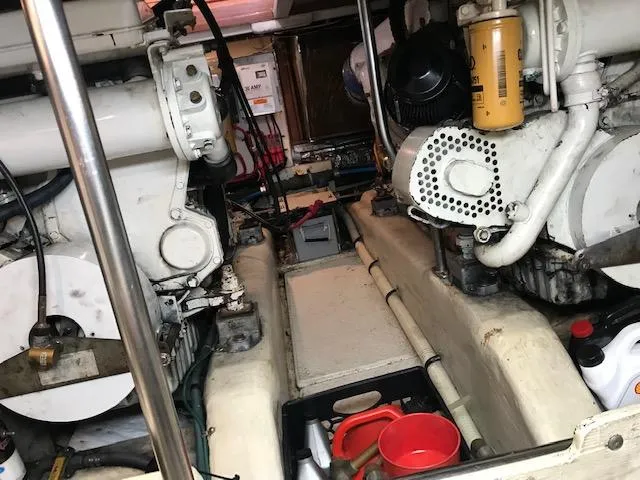 Slide: The Image of Engine room of 2000 Pacific Seacraft 38T Fast Trawler with visible machinery and equipment. - 28