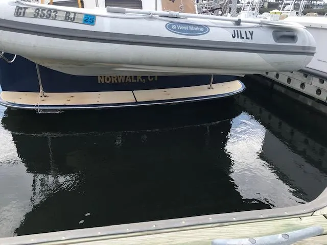 Slide: The Image of Pacific Seacraft 38T Fast Trawler, 2000, docked with dinghy "Jilly" in Norwalk, CT marina - 3