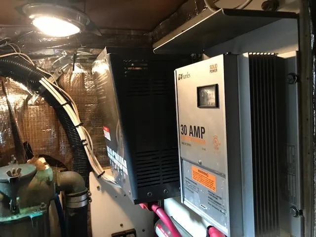 Slide: The Image of Engine room of 2000 Pacific Seacraft 38T Fast Trawler with electrical equipment. - 33