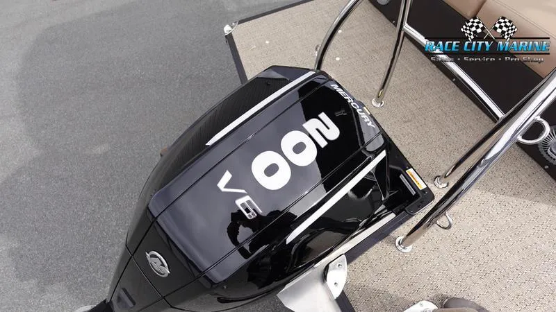 Slide: The Image of 2025 Barletta Cabrio 22UC boat with powerful outboard motor, Race City Marine branding. - 11