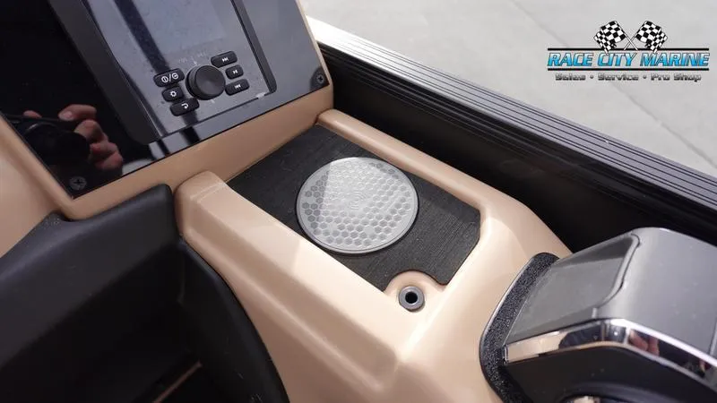 Slide: The Image of 2025 Barletta Cabrio 22UC boat dashboard with control panel and speaker. - 29