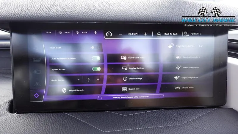 Slide: The Image of 2025 Nautique Super Air Nautique G25 touchscreen dashboard displaying various boat controls and settings. - 43