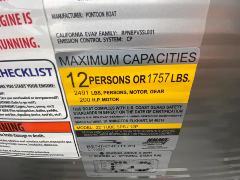 Slide: The Image of Bennington 23 LSB 2025 pontoon boat capacity label: 12 persons or 1757 lbs, 200 HP motor. - 38