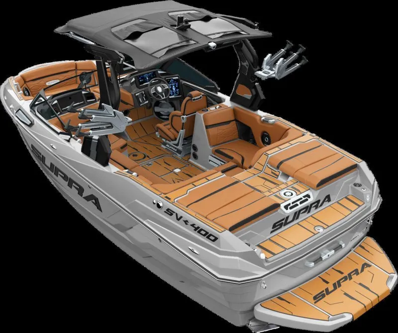 Slide: The Image of 2025 Supra SV 400 boat with sleek design and luxurious interior. - 2