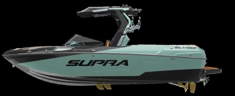 Slide: The Image of 2025 Supra SL 450 boat, sleek design, mint green and black color scheme. - 2