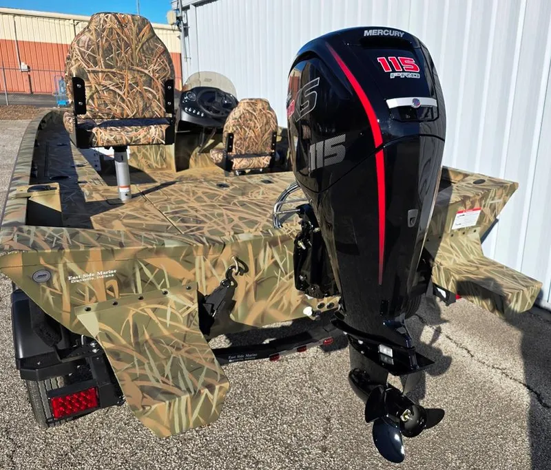 Slide: The Image of 2025 Lowe Outlet 20 boat with camouflage design and Mercury 115 HP Pro XS outboard engine. - 11