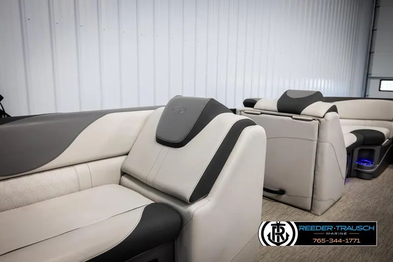 Slide: The Image of 2023 Avalon LSZ CRB boat interior with luxurious seating and modern design. - 27