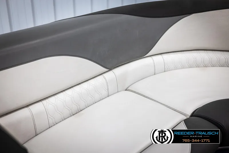 Slide: The Image of 2023 Avalon LSZ CRB boat seating with elegant white and gray upholstery. - 39