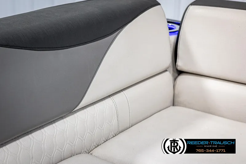 Slide: The Image of 2023 Avalon LSZ CRB boat seating with elegant gray and white upholstery. - 40