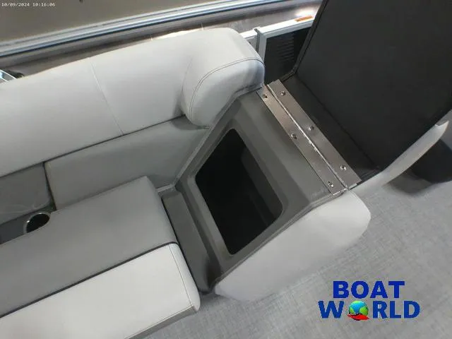 Slide: The Image of 2025 Princecraft Vectra 23 RL pontoon seat storage compartment, Boat World logo visible. - 23