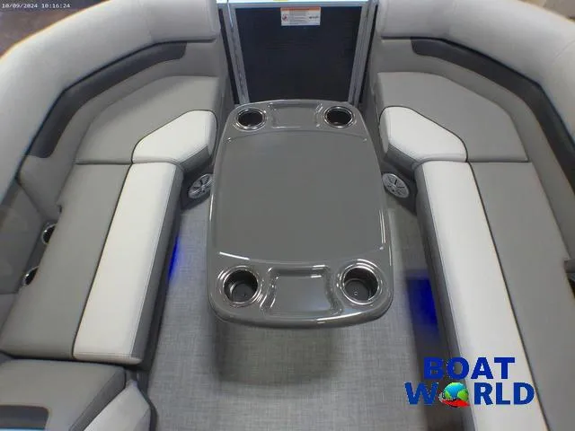 Slide: The Image of 2025 Princecraft Vectra 23 RL pontoon interior with lounge seating and table. - 26