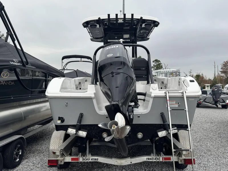 Slide: The Image of 2025 Sea Pro 245 SANDBAR boat on trailer, rear view with outboard motor. - 5