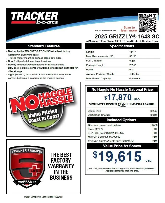 Slide: The Image of 2025 Tracker Grizzly 1648 SC boat features, pricing, and warranty details. - 32
