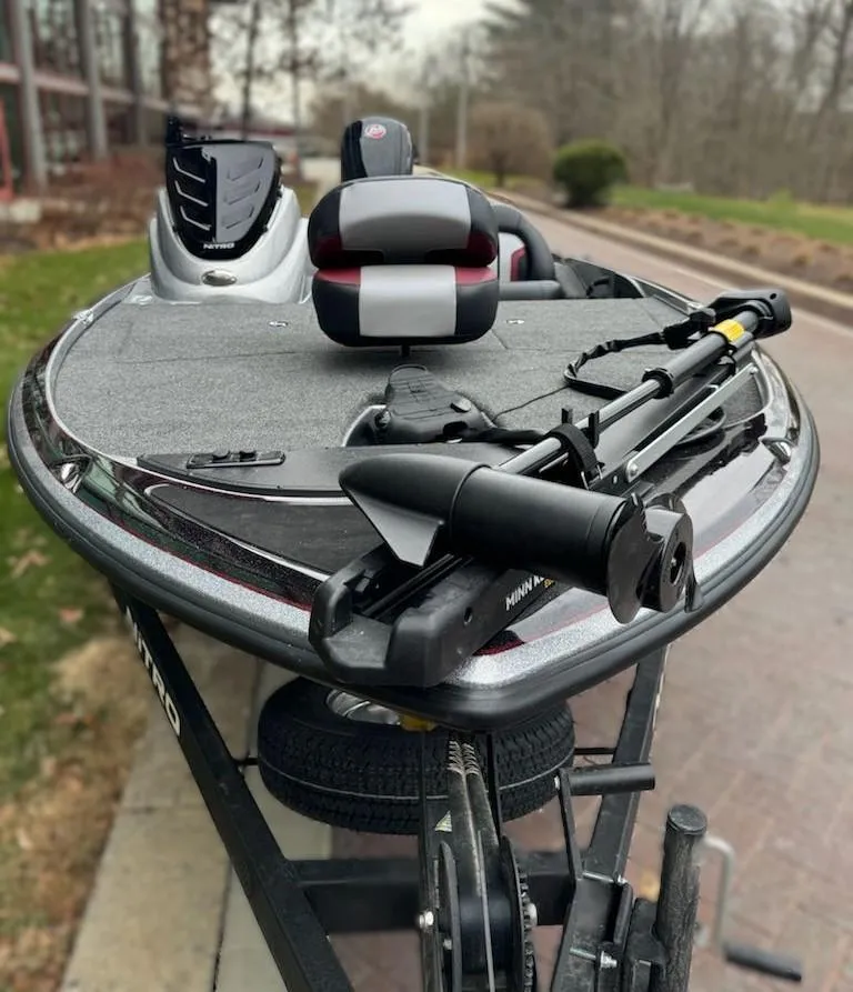 Slide: The Image of 2025 Nitro Z17 fishing boat with advanced trolling motor and sleek design. - 2