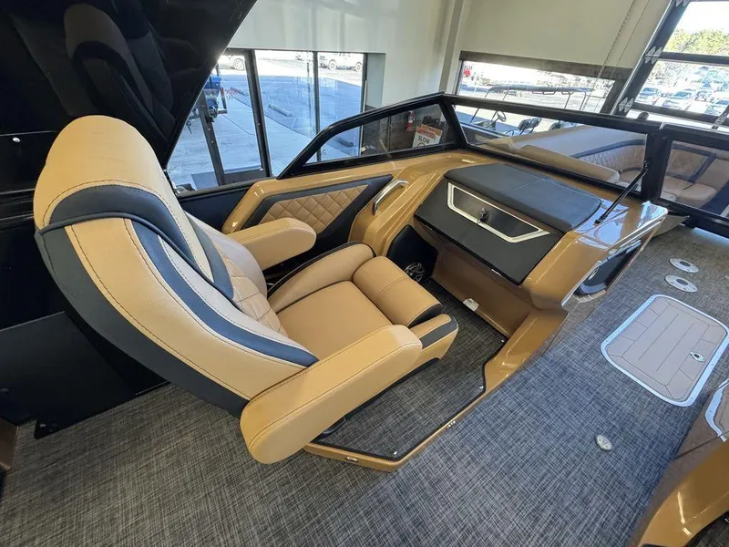 Slide: The Image of Luxurious interior of 2025 Godfrey AquaPatio 255 DFLW pontoon boat with plush seating. - 20