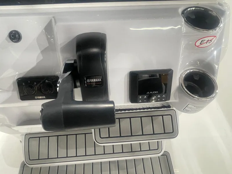 Slide: The Image of 2025 Tidewater 198CC boat console with Yamaha controls and JL Audio system. - 26
