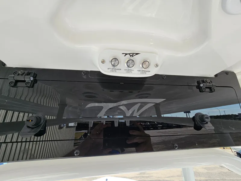 Slide: The Image of 2025 Tidewater 220LXF boat controls with light switches and logo. - 18