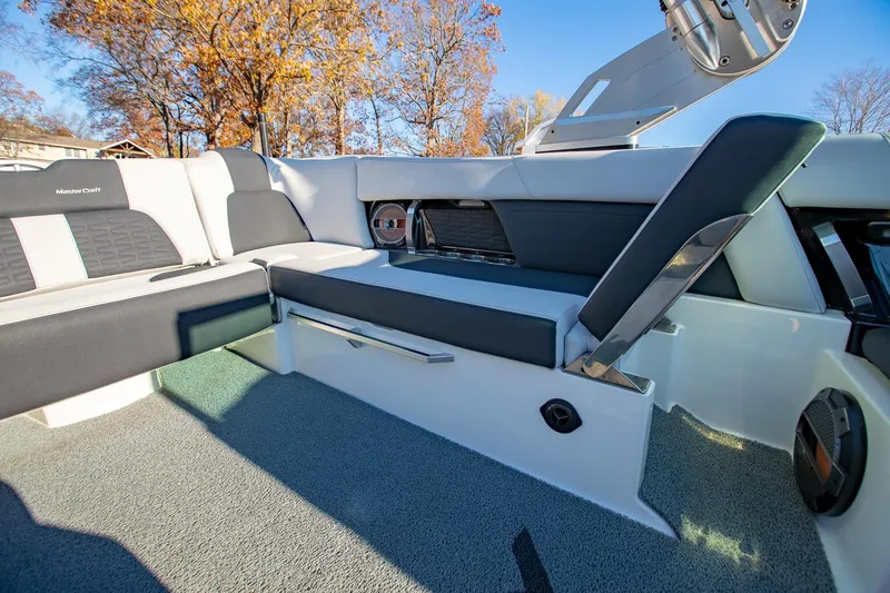 Slide: The Image of 2019 MasterCraft X24 interior with sleek seating and modern design. - 17